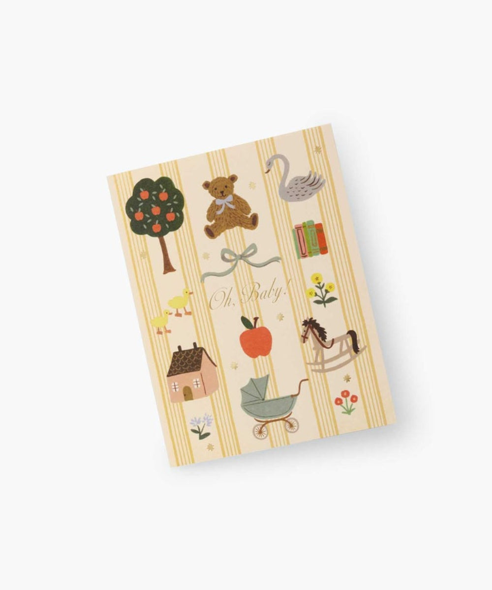 Carte de naissance illustree d un carrosse retro avec jouets vintage et dorures par rifle paper co.