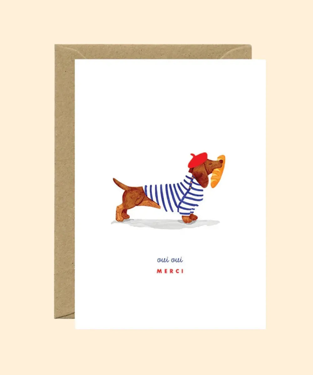 Carte de vœux illustree teckel beret mariniere et baguette Oui Oui Merci All The Ways To Say