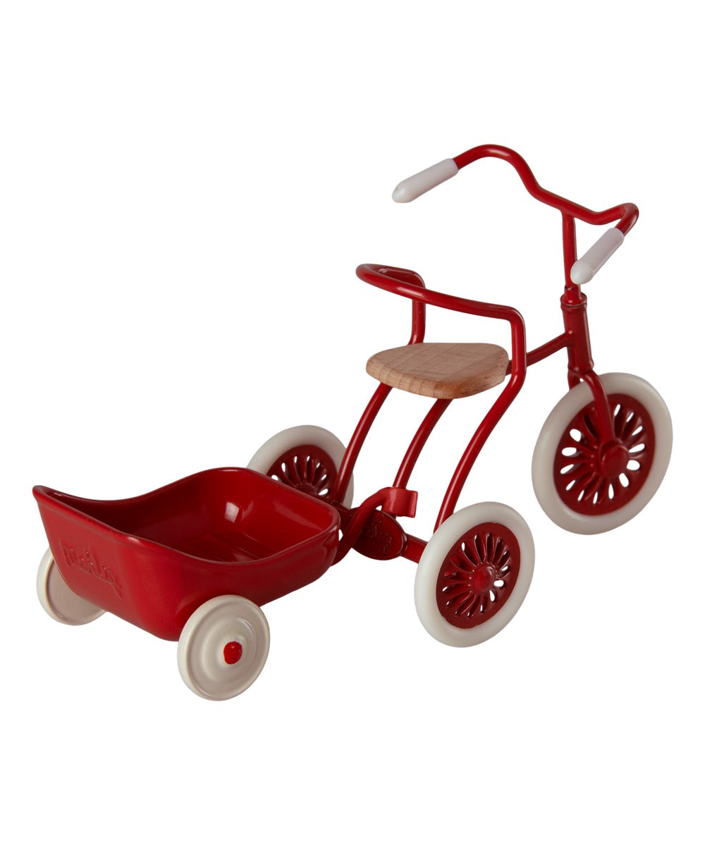 Chariot rouge Maileg fixé sur un tricycle rouge, tricycle vendu séparément