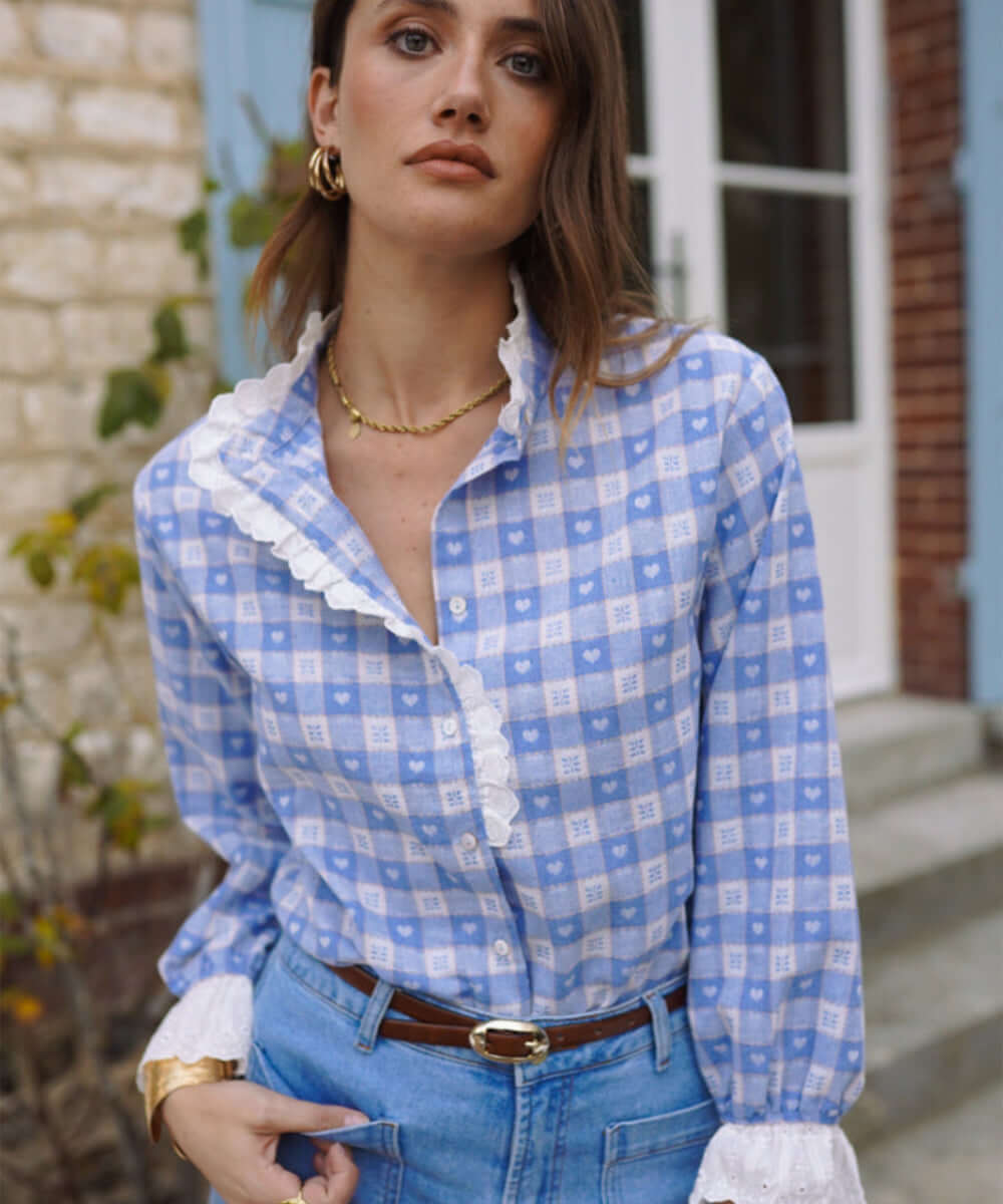 Chemise Bree bleue en coton et finitions brodées