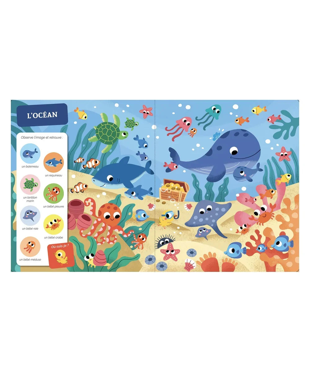 Livre imagier cherche et trouve des tout petits sur le thème des bébés animaux. Des éditions Auzou