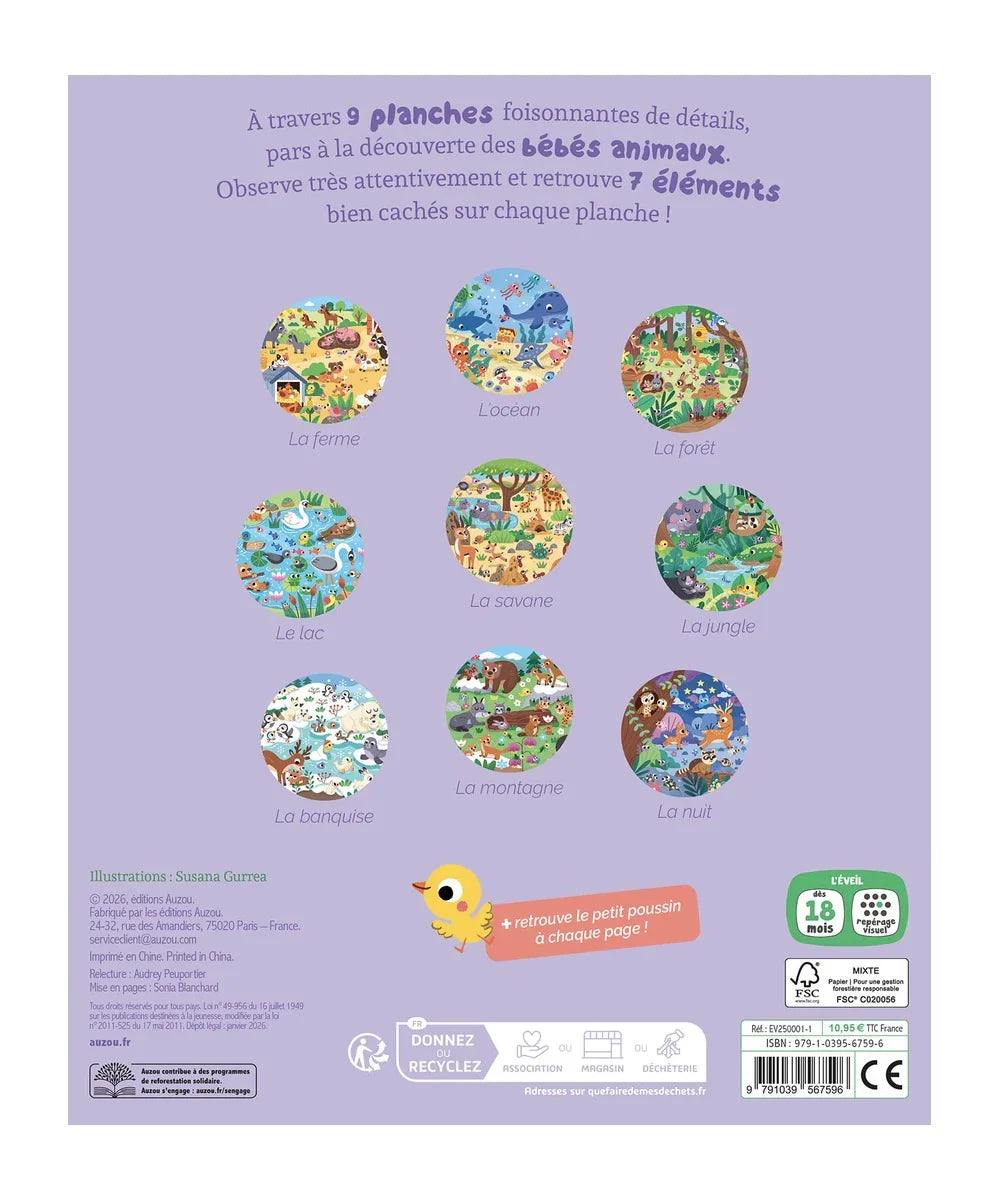 Livre imagier cherche et trouve des tout petits sur le thème des bébés animaux. Des éditions Auzou