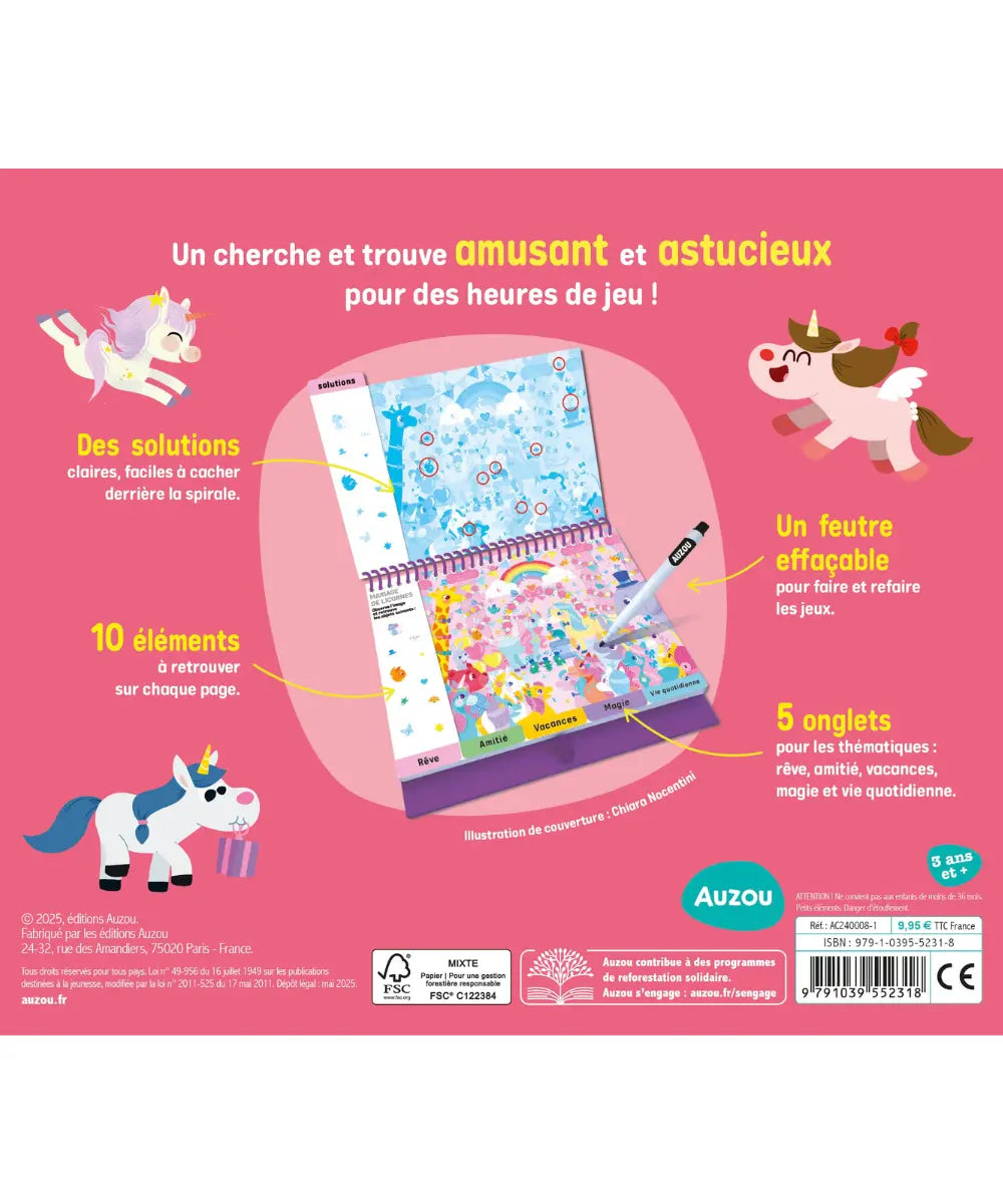 Livre cherche et trouve licornes auzou a spirales avec illustrations feeriques pour enfant.
