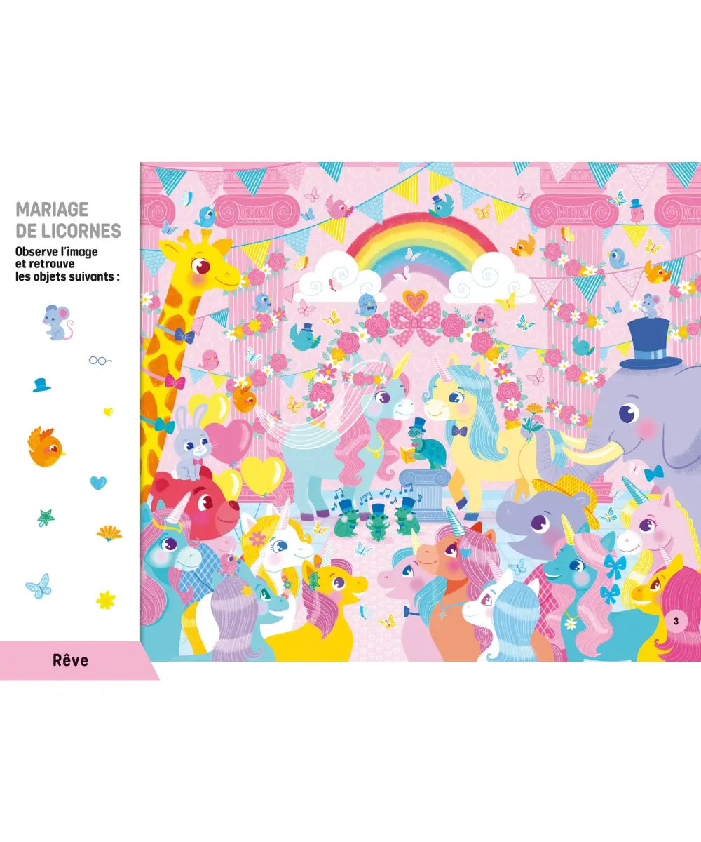 Livre cherche et trouve licornes auzou a spirales avec illustrations feeriques pour enfant.