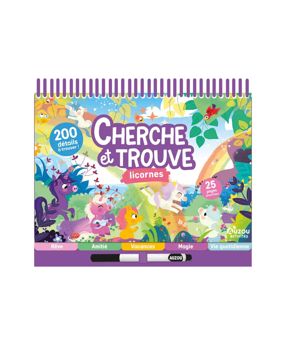 Livre cherche et trouve licornes auzou a spirales avec illustrations feeriques pour enfant.