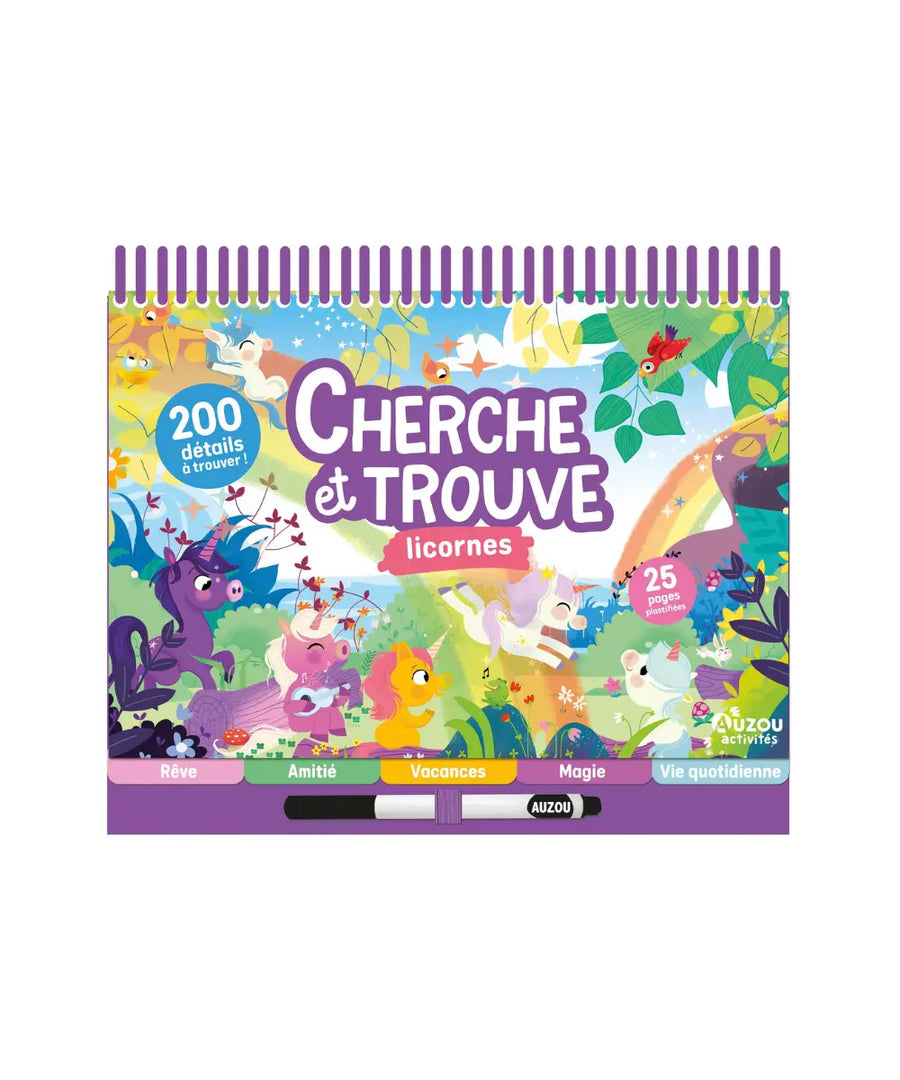 Livre cherche et trouve licornes auzou a spirales avec illustrations feeriques pour enfant.