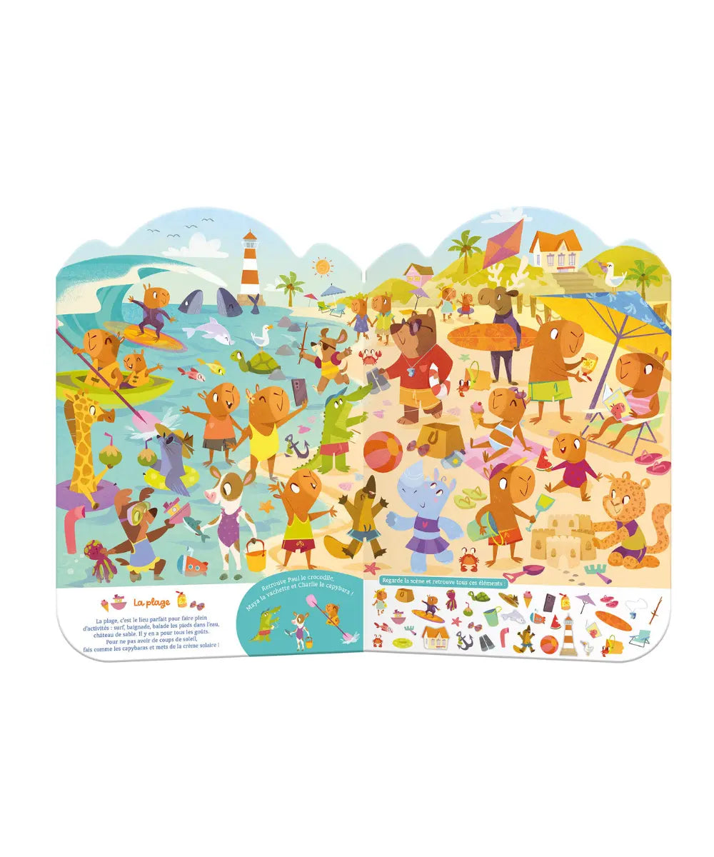 Grand livre cherche et trouve silhouetté Auzou sur le thème des vacances avec des illustrations de capybaras.