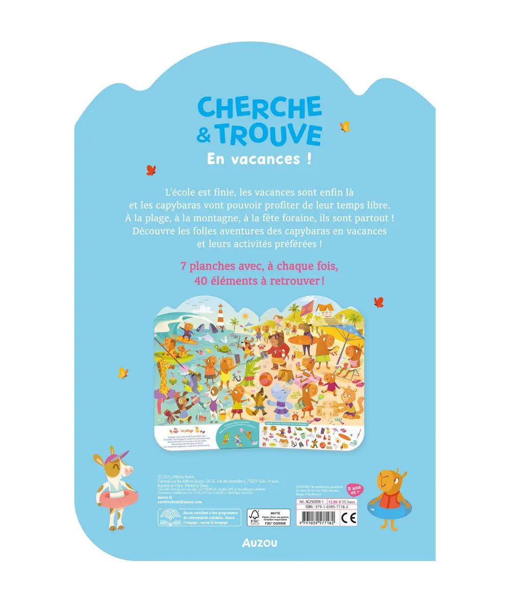 Grand livre cherche et trouve silhouetté Auzou sur le thème des vacances avec des illustrations de capybaras.