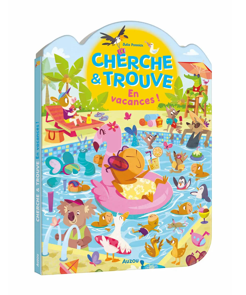 Grand livre cherche et trouve silhouetté Auzou sur le thème des vacances avec des illustrations de capybaras.