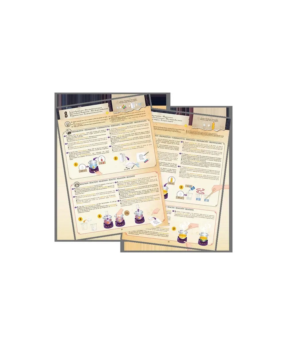 Vue des différentes fiches de recettes pour réaliser les expériences scientifiques du coffret Chimie des Sorciers