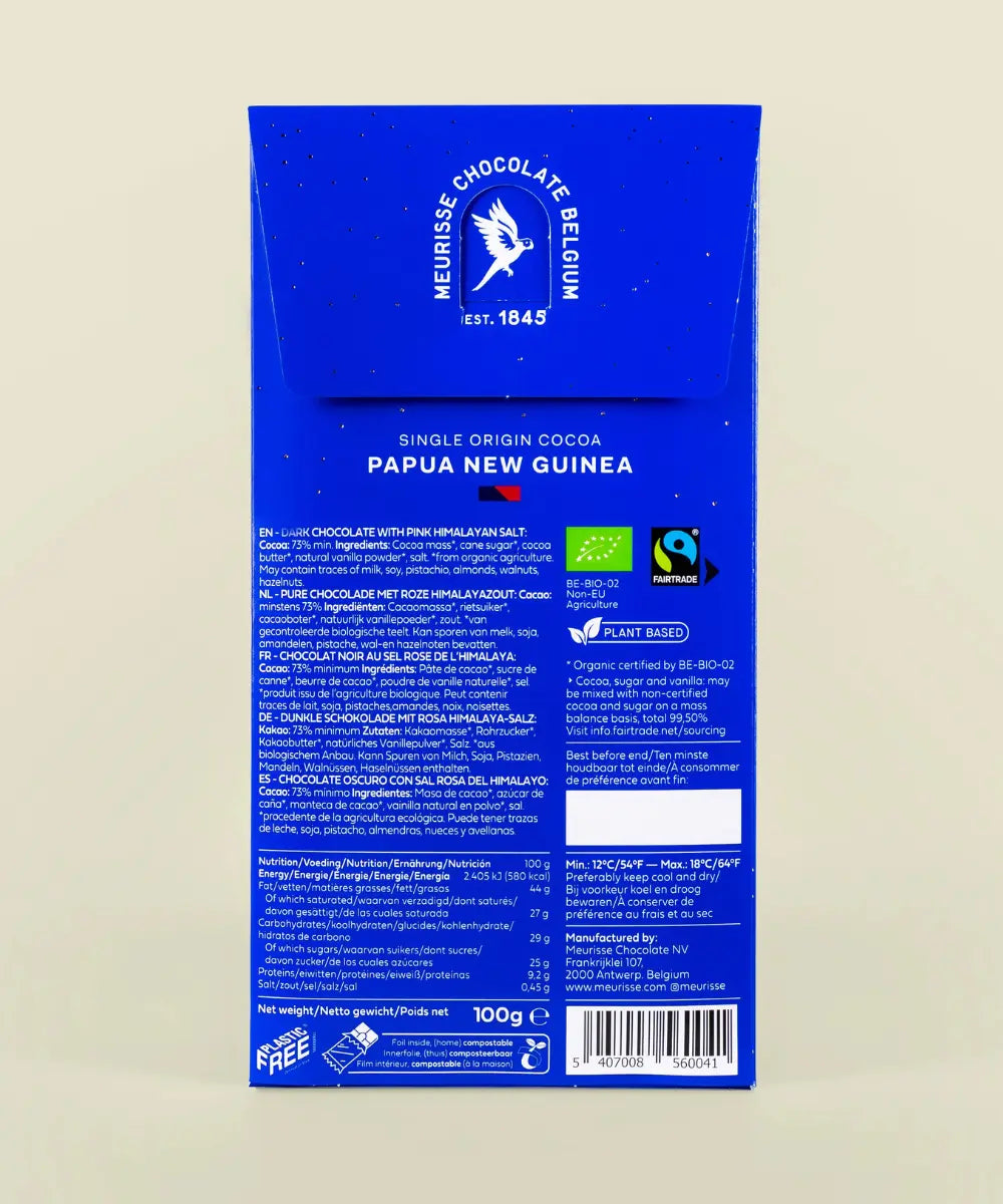 Ingrédients de la Tablette de chocolat noir au sel de l'Himalaya de la marque belge Meurisse
