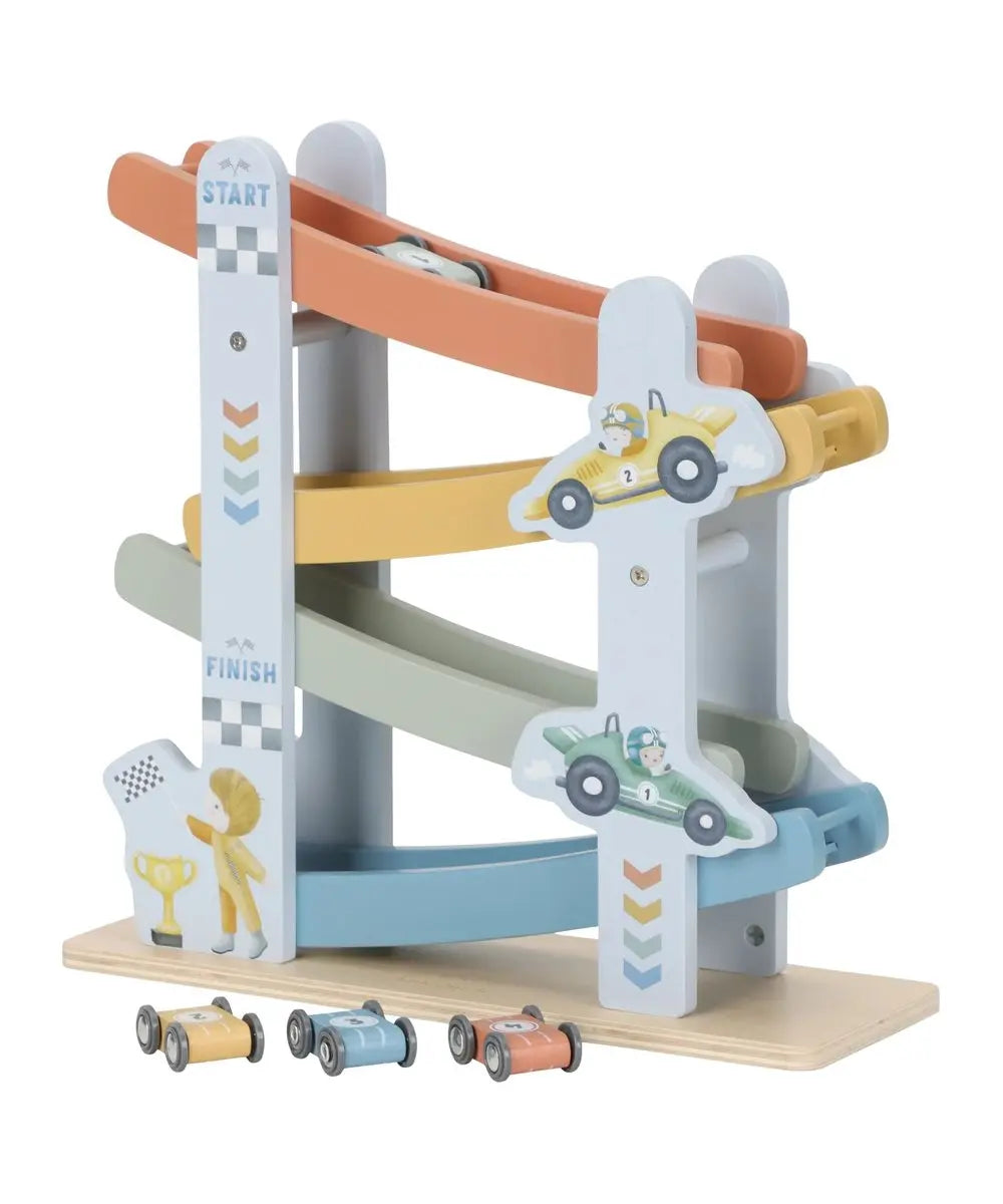 Circuit de voiture en bois - Bleu Little Dutch vu de face sur fond blanc