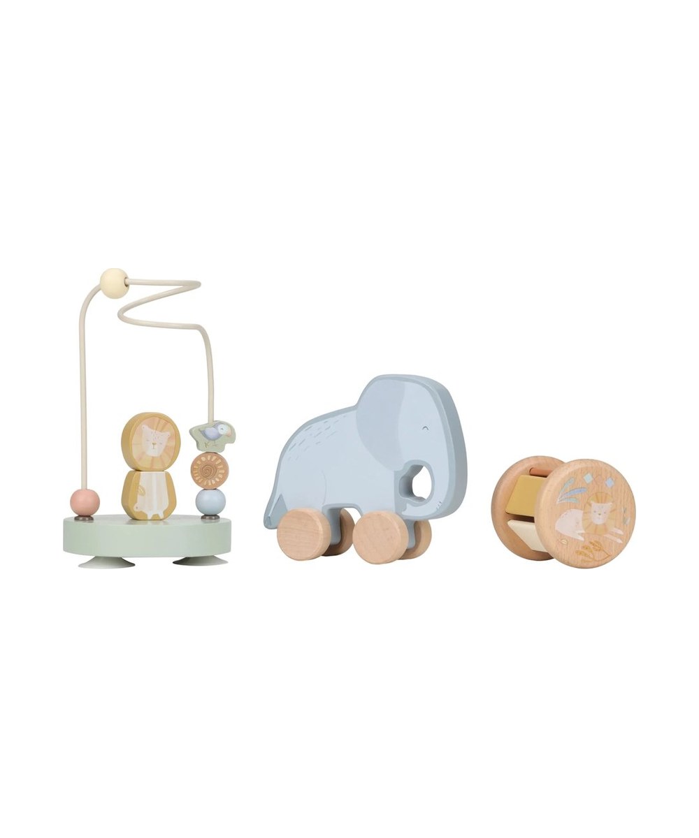 Coffret de trois jeux d'éveil en bois Safari Friends Little Dutch sur fond blanc