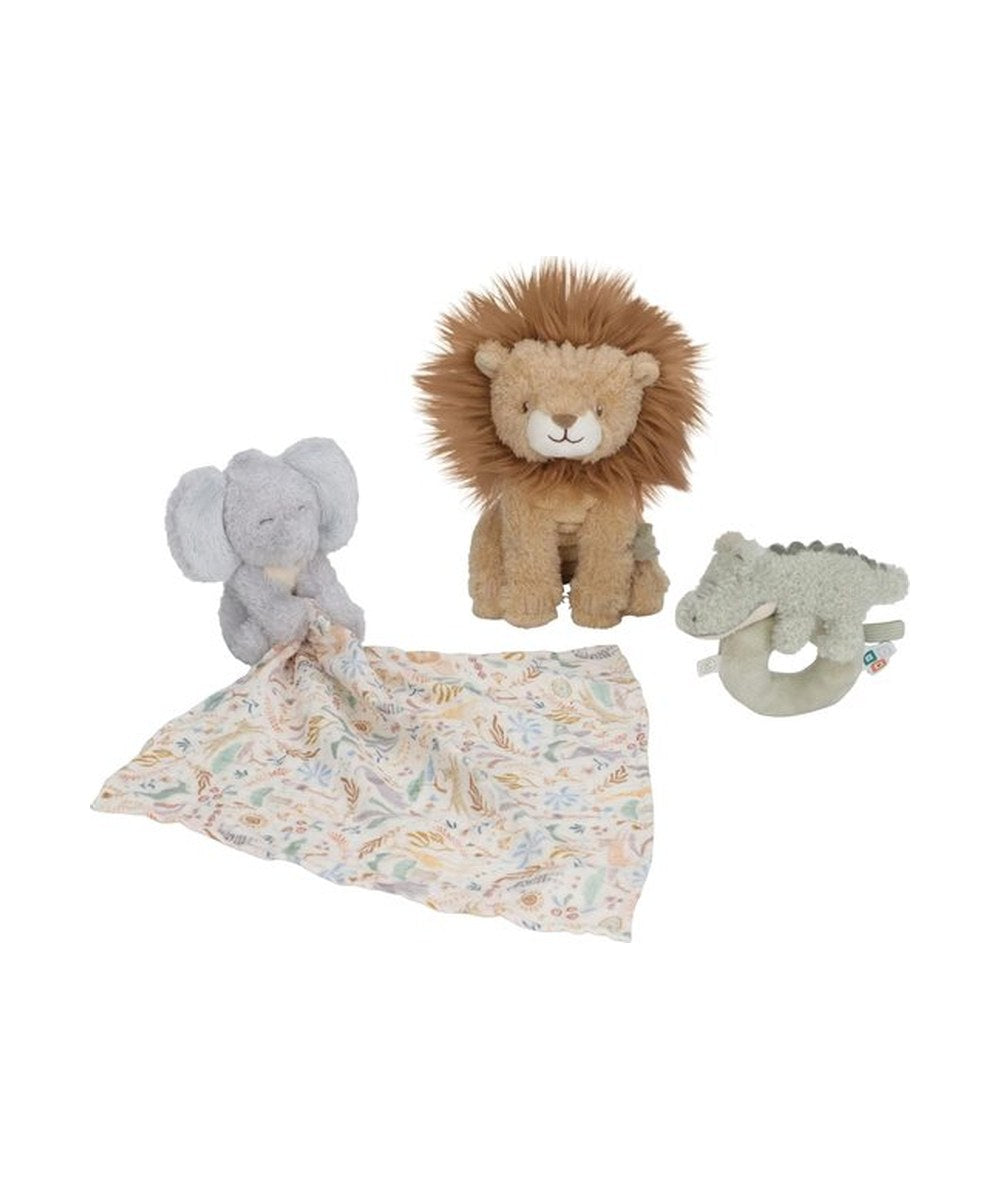 Détails du coffret cadeau naissance vert Safari Friends Little Dutch avec doudou elephant peluche lion et hochet