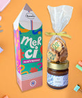 Coffret cadeau en forme de crayon contenant un pot de caramel au beurre salé et des galettes artisanales Chocodic.