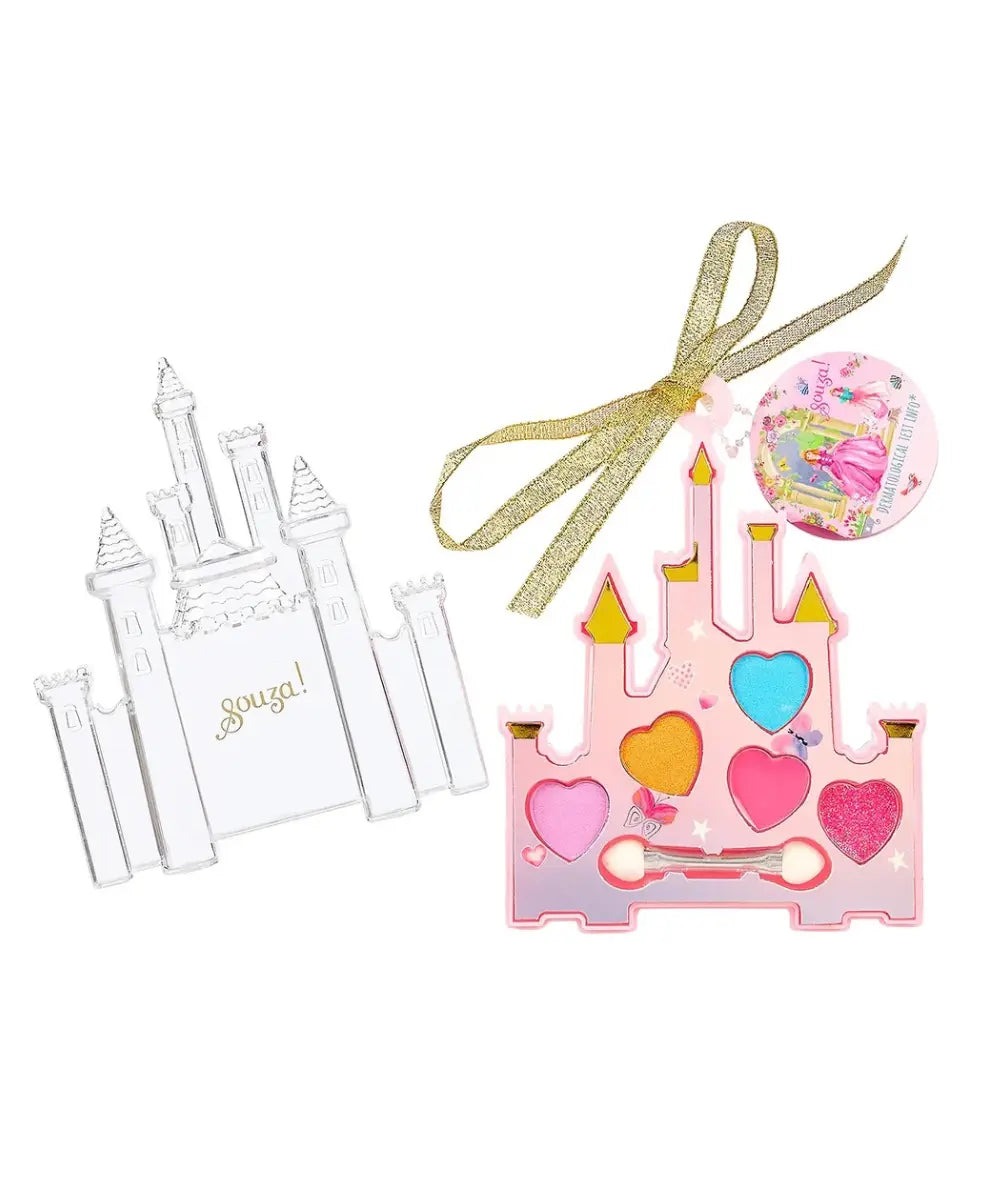 Coffret de maquillage enfant en forme de chateau de princesse souza avec ombres a paupieres et gloss.