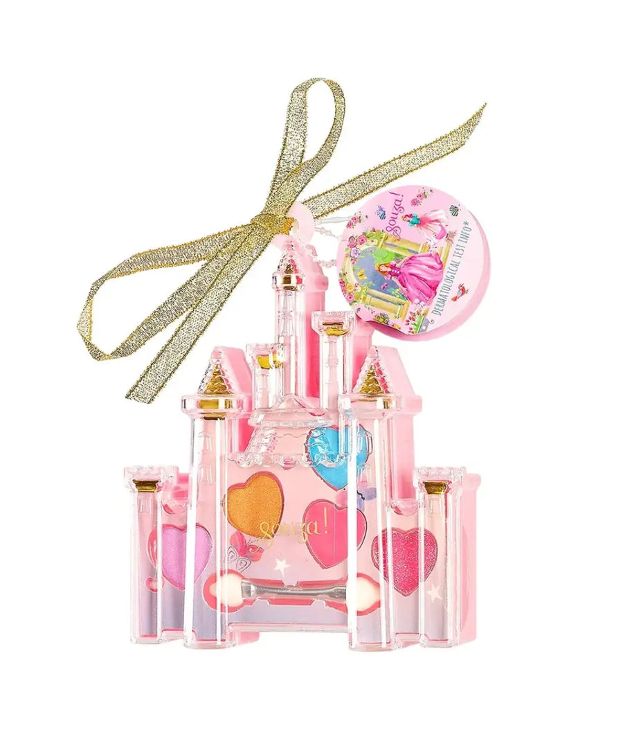 Coffret de maquillage enfant en forme de chateau de princesse souza avec ombres a paupieres et gloss.