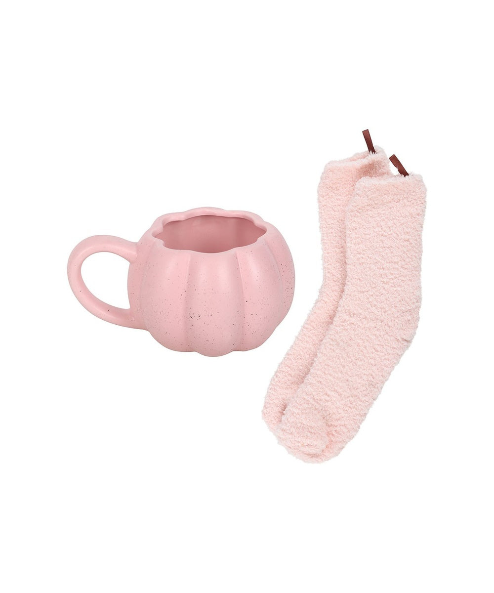 Coffret Mug Citrouille rose et chaussettes de la sélection Merci Léonie sur fond blanc