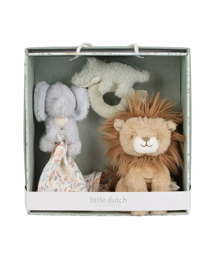 Coffret cadeau naissance vert Safari Friends Little Dutch avec doudou elephant peluche lion et hochet