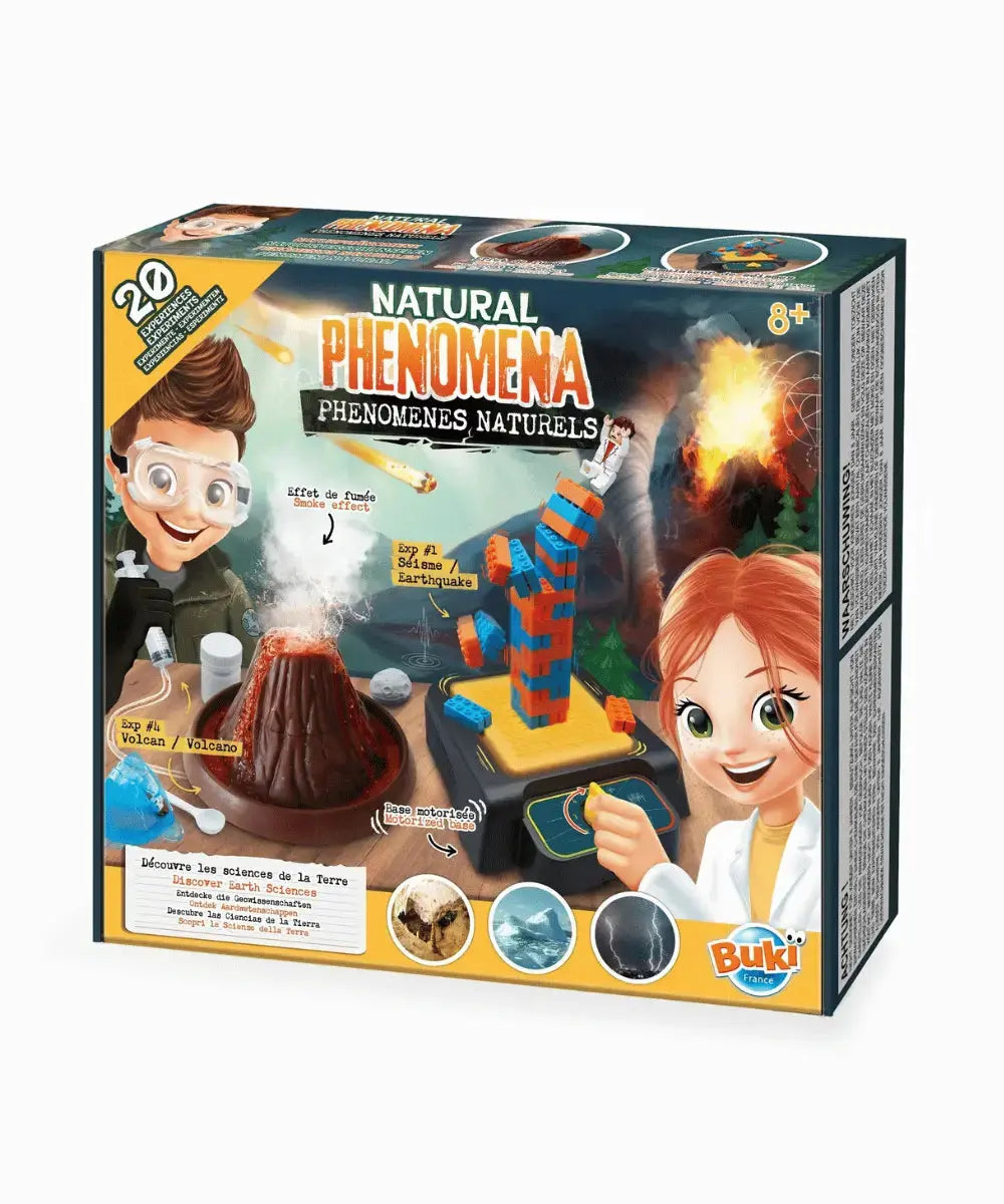 Coffret expériences Phénomènes Naturels Buki avec volcan et tornade.