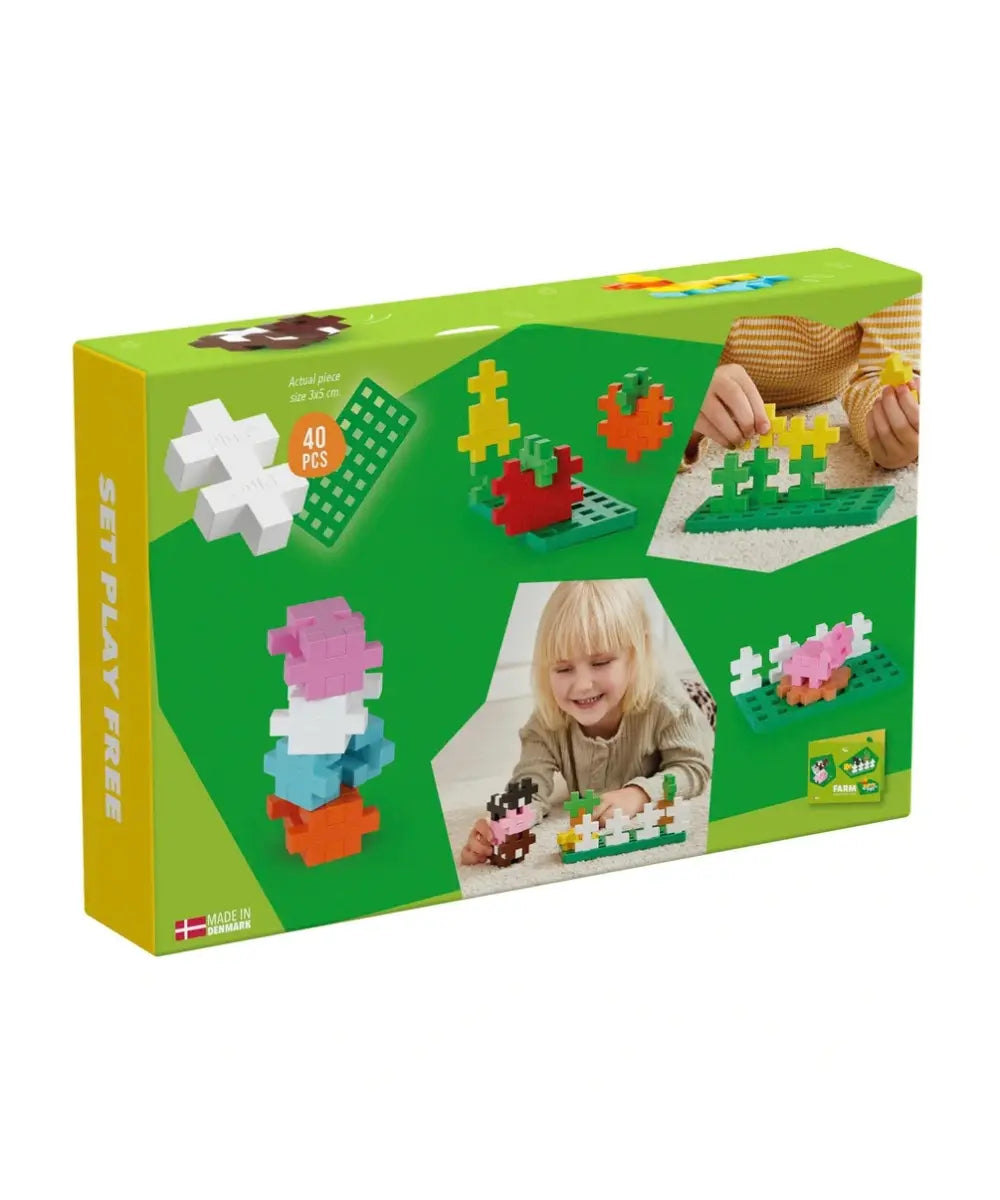Set de construction plus-plus big la ferme avec 40 pieces base verte et animaux en briques.