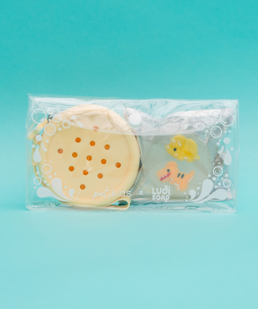 Coffret Savon et Pochette Petikids Dino sur fond clair