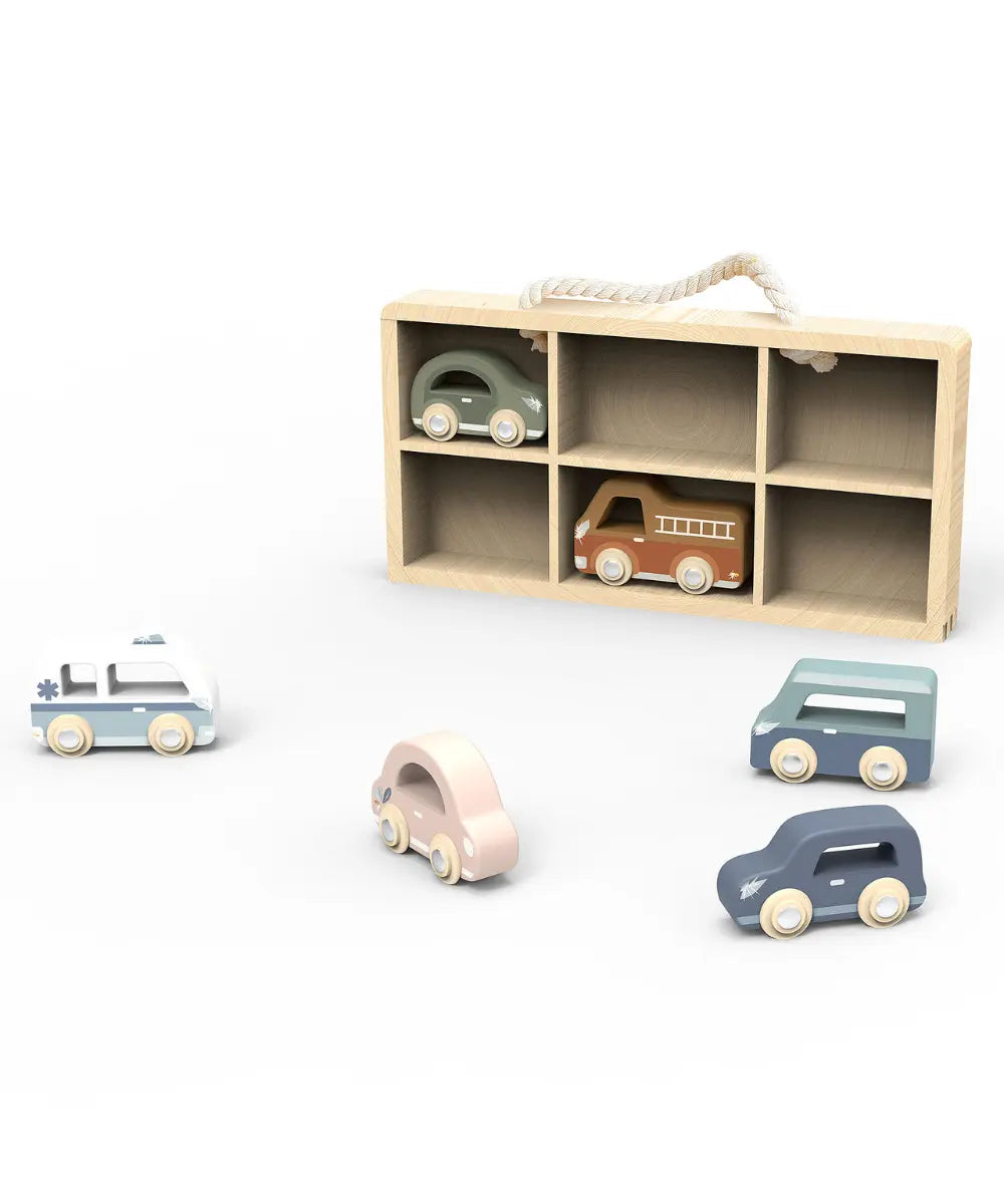 Coffret cadeau de 6 petites voitures en bois fsc colorees Speedy Monkey