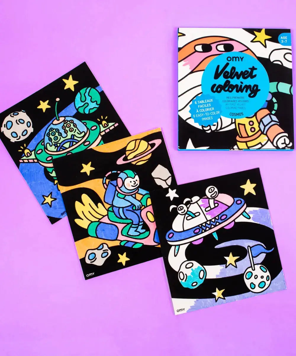 Détail des cartes à colorier du coffret Coloriage Velours Cosmos de OMY