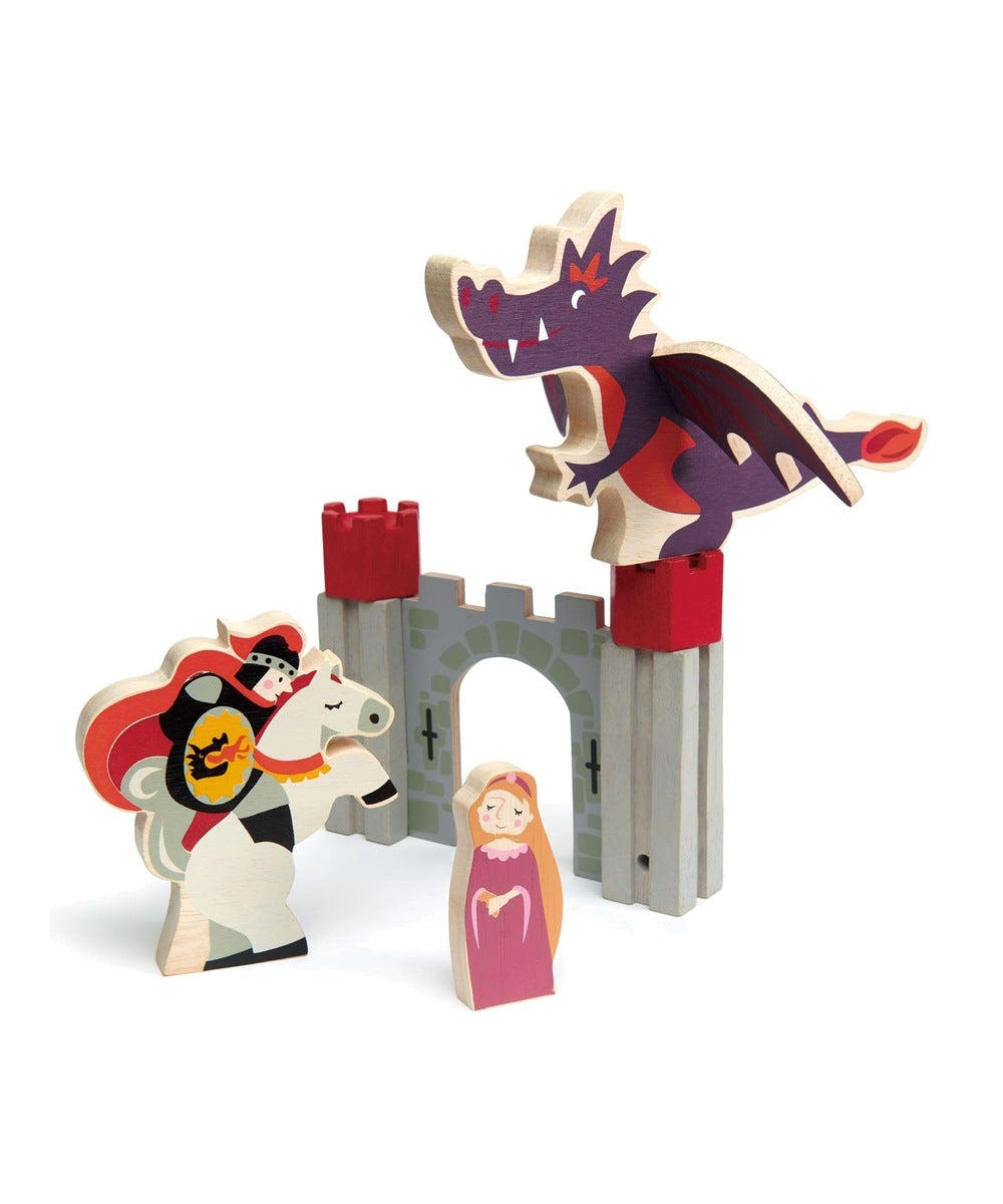 Chevalier à cheval, princesse, dragon violet et rempart Tender Leaf sur fond blanc