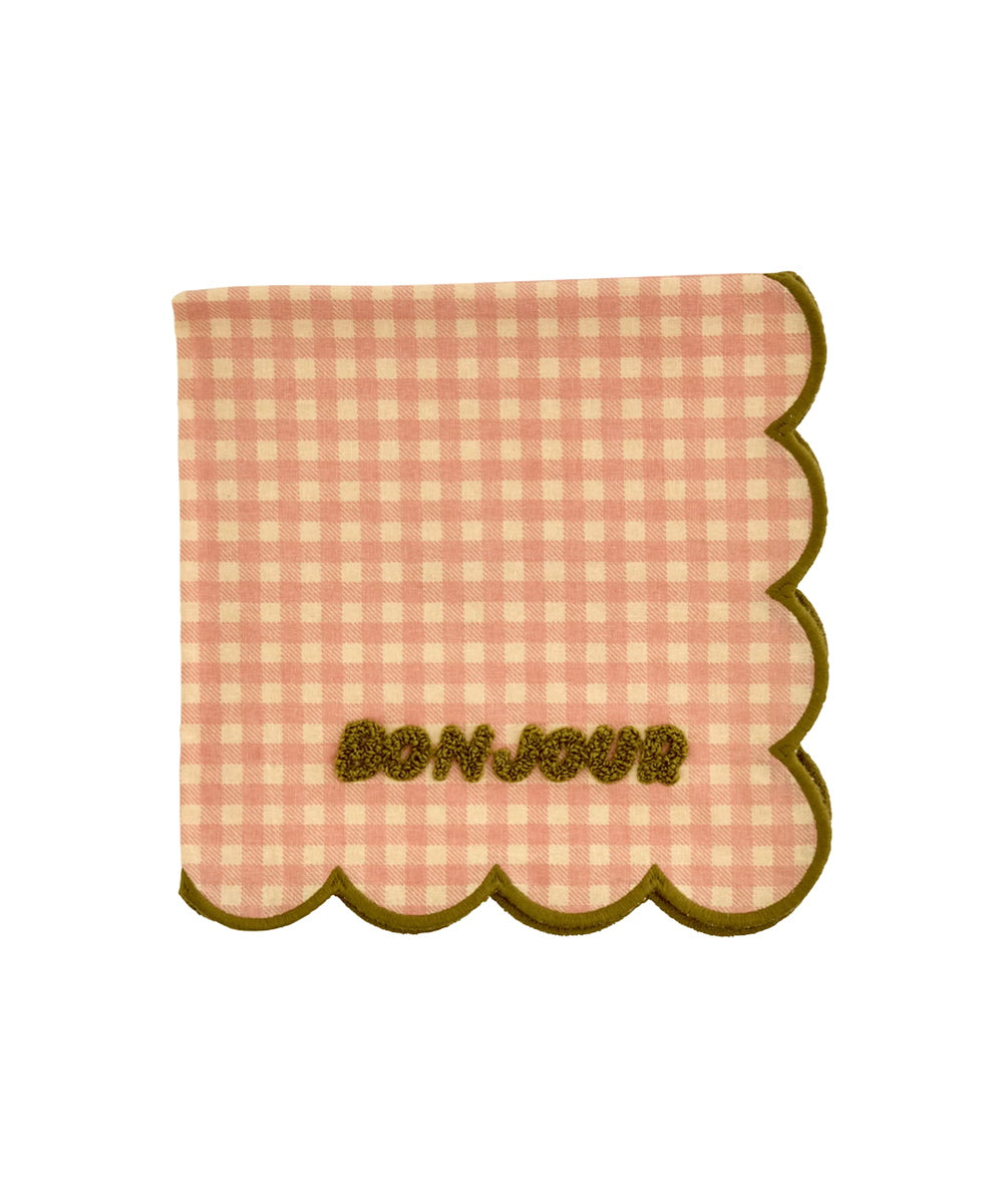 Serviette de table en tissu de coton avec l'inscription brodée Bonjour de la marque danoise Rice.