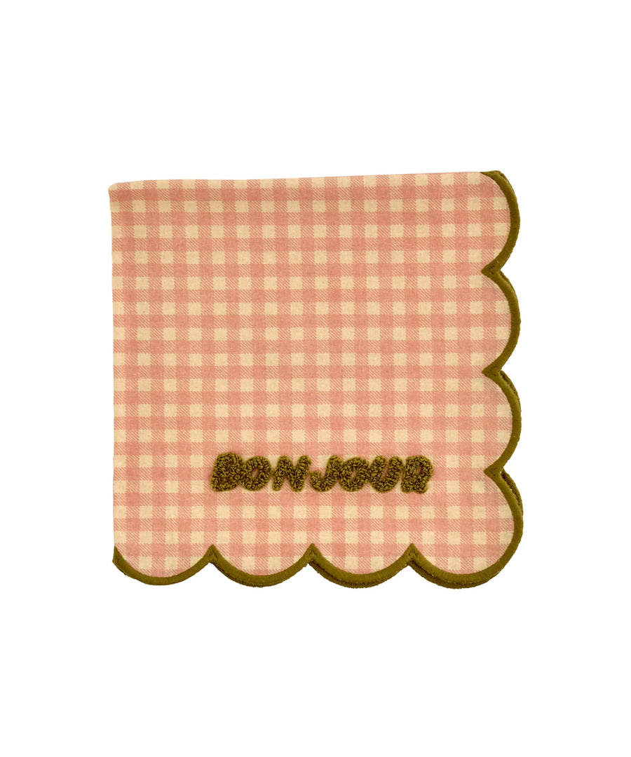 Serviette de table en tissu de coton avec l'inscription brodée Bonjour de la marque danoise Rice.