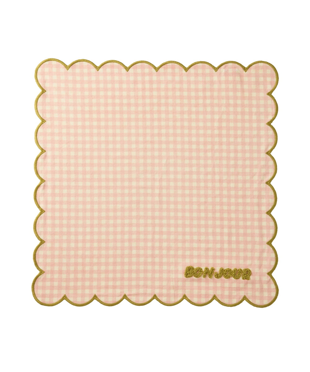 Serviette de table en tissu de coton avec l'inscription brodée Bonjour de la marque danoise Rice.