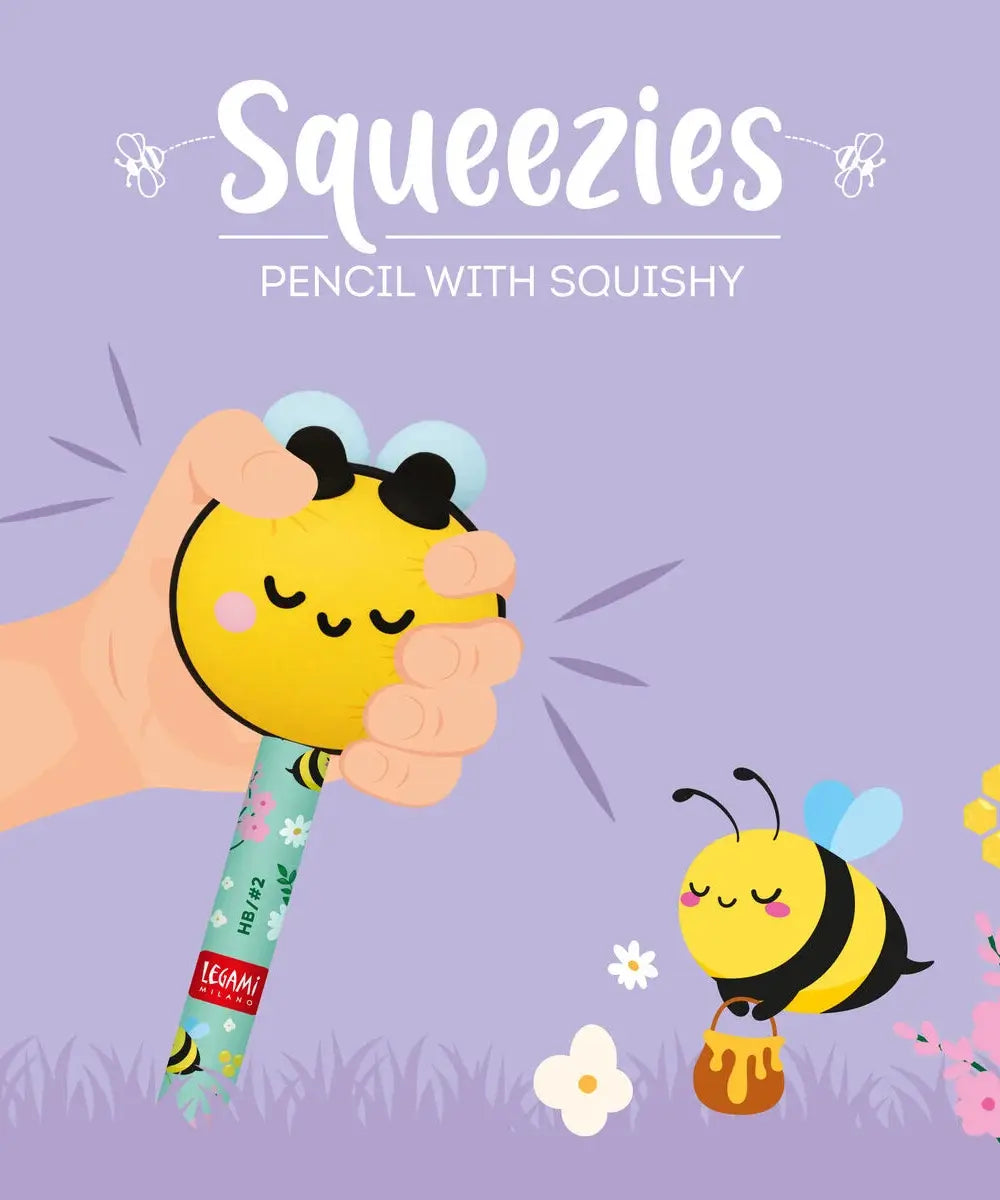 Crayon à papier avec un jouet anti-stress Squeezies en forme d'abeille de la marque Legami