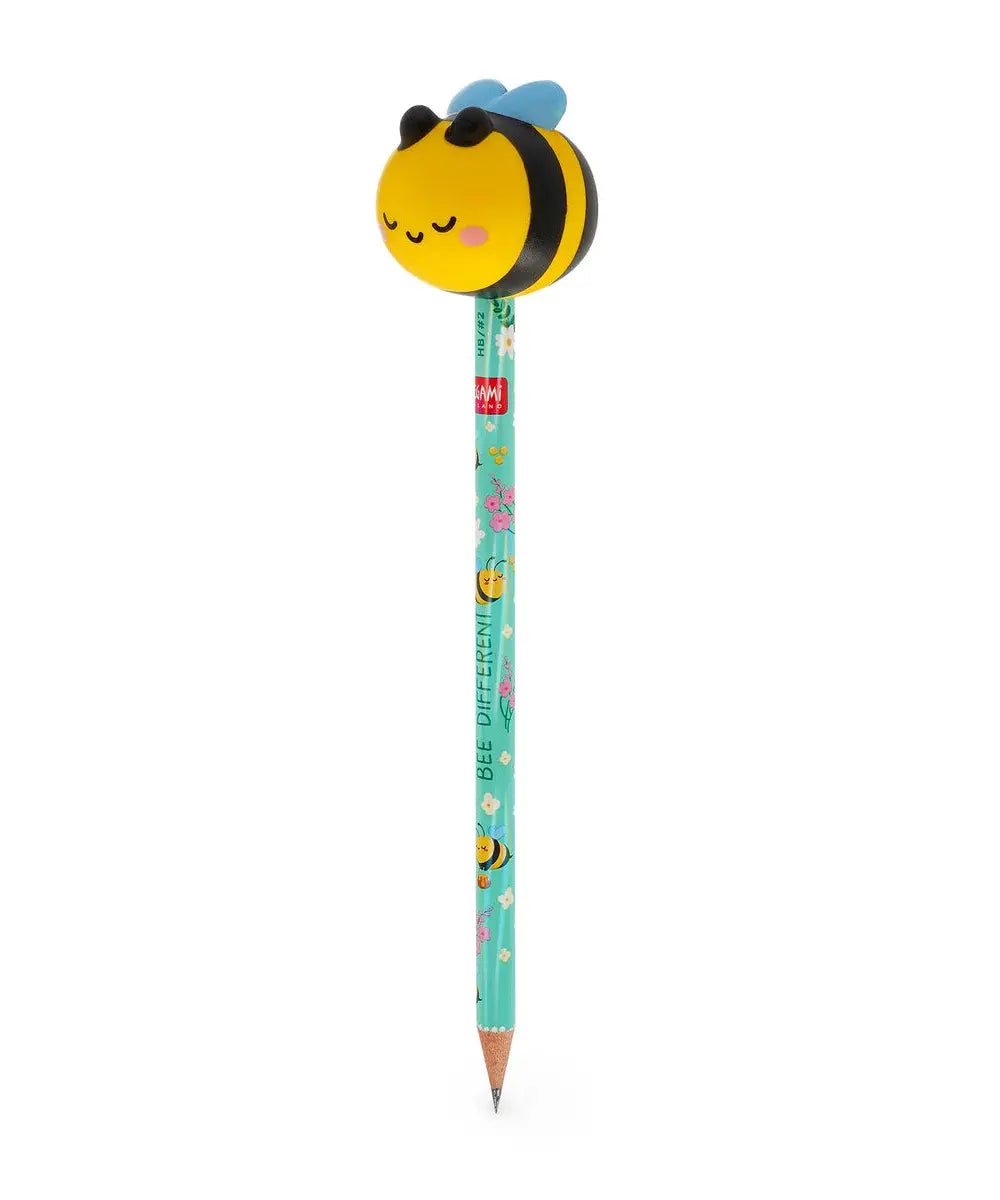 Crayon à papier avec un jouet anti-stress Squeezies en forme d'abeille de la marque Legami