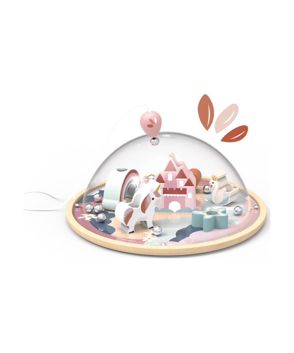 Dome magnetique en bois licorne et chateau speedy monkey avec labyrinthe a billes sous dome.