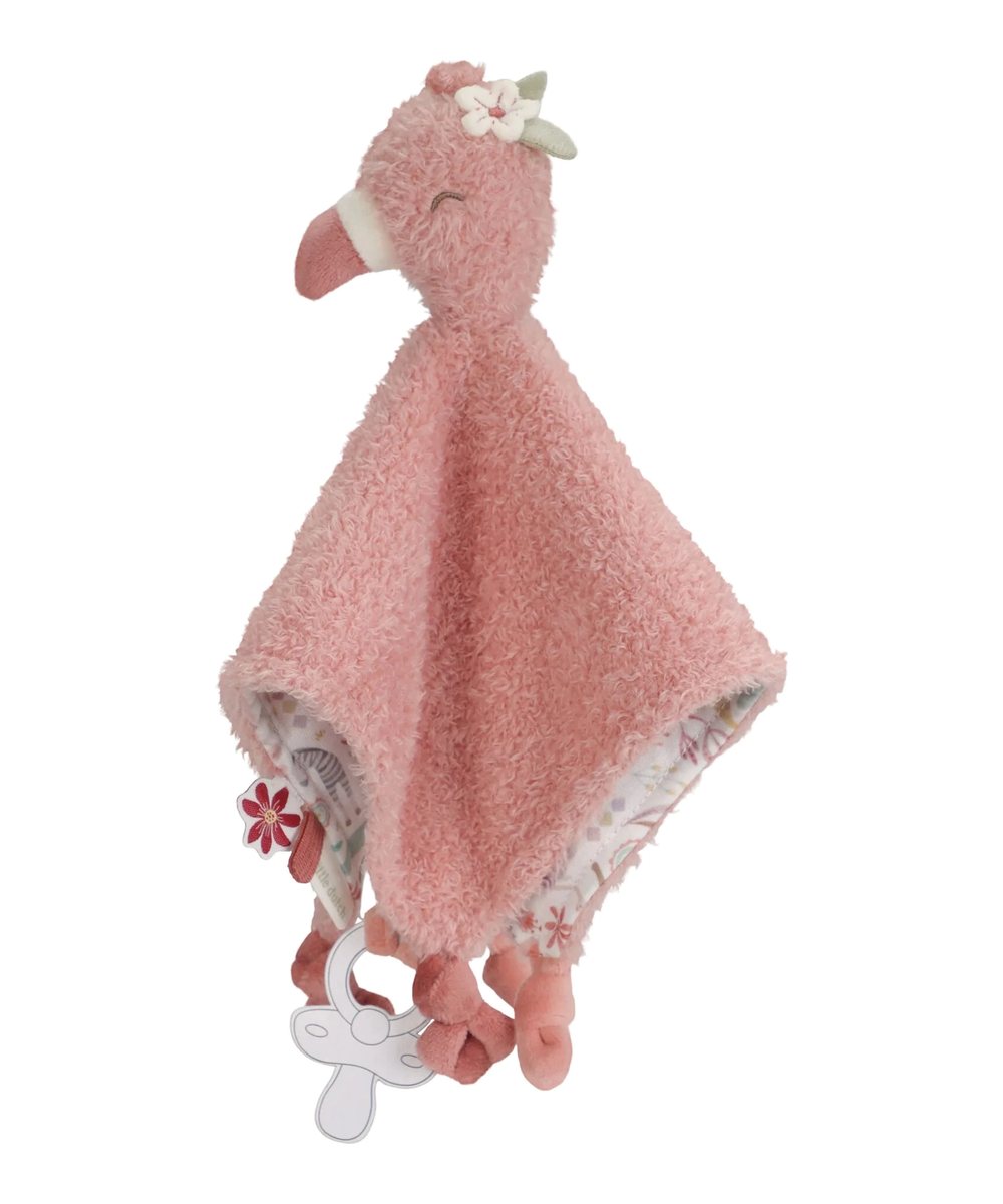 Doudou Attache-tétine Flamant rose de la collection Safari Friends de la marque Little Dutch, sur fond blanc