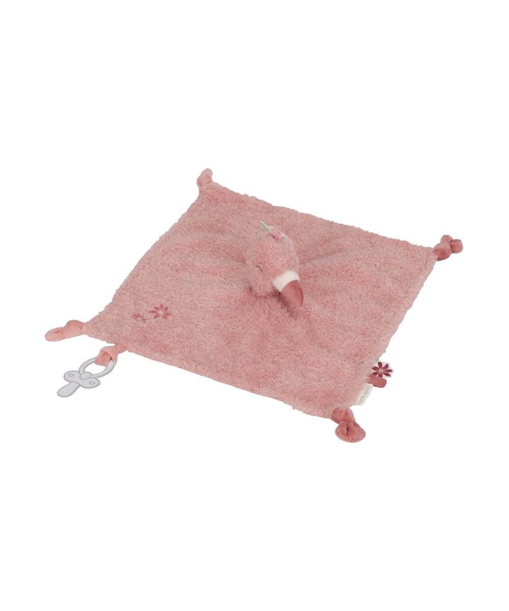 Doudou Attache-tétine Flamant rose de la collection Safari Friends de la marque Little Dutch sur fond blanc