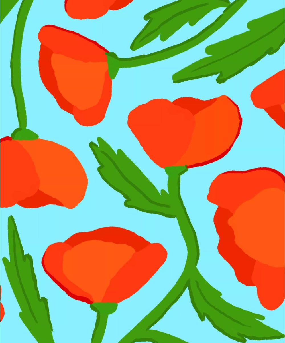 Gros plan sur l'llustration florale originale de coquelicots de l'éventail Poppies de Cuikui