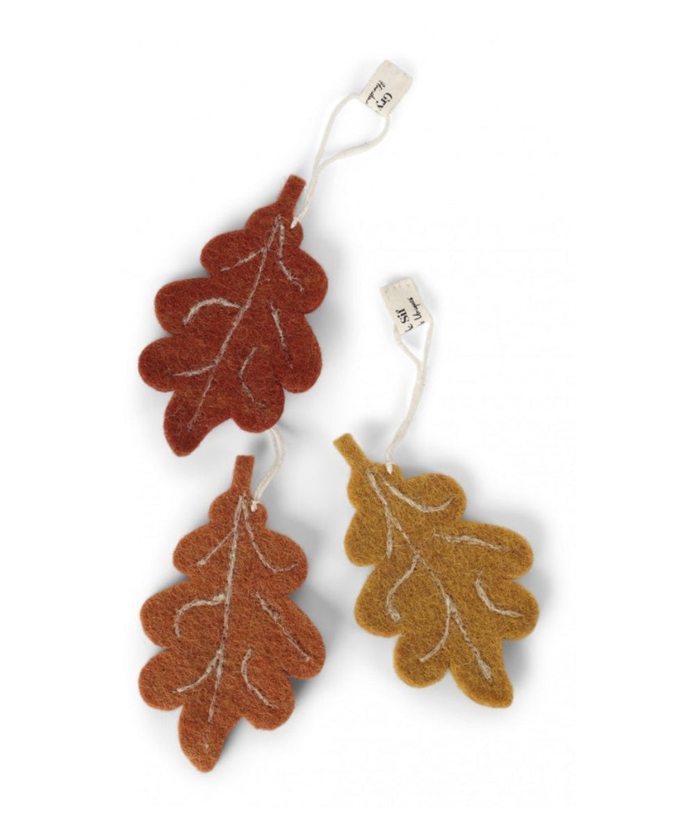 Set de 3 feuilles de chene en laine feutree cardee artisanale deco automne.