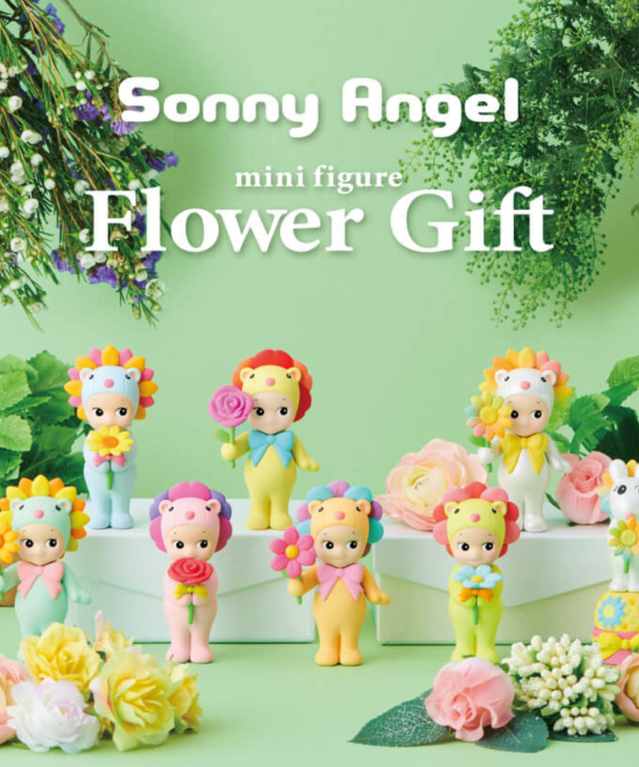 Sonny Angel Flower Gift et sa boîte mystère sur fond clair