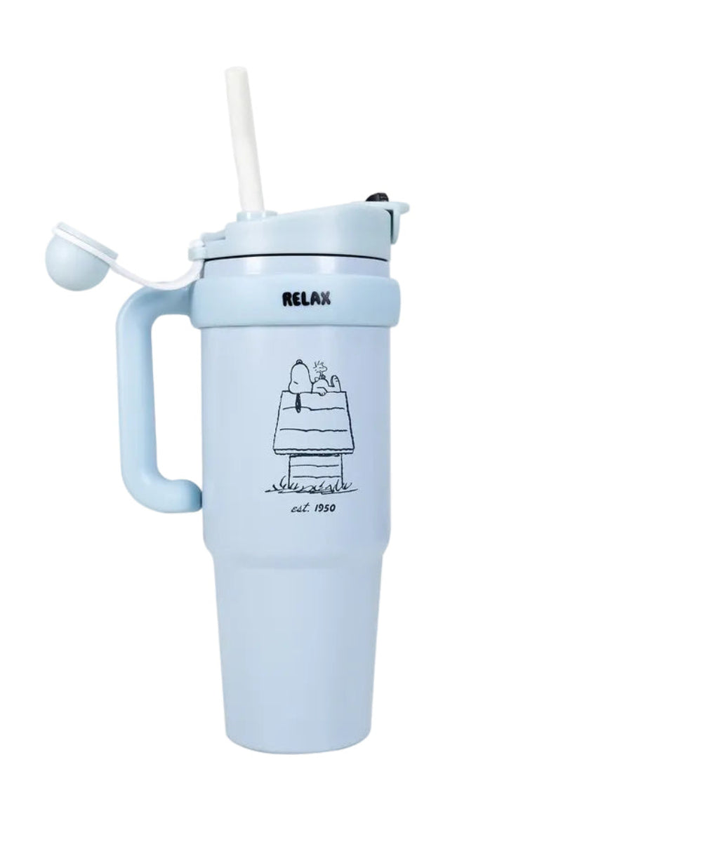 Tasse isotherme Snoopy Peanuts 887ml en acier inox avec paille et poignée. Conserve au frais, format nomade idéal sous licence officielle !