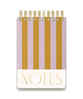 Grand bloc notes epais a couverture rigide a rayures lilas et ocre.