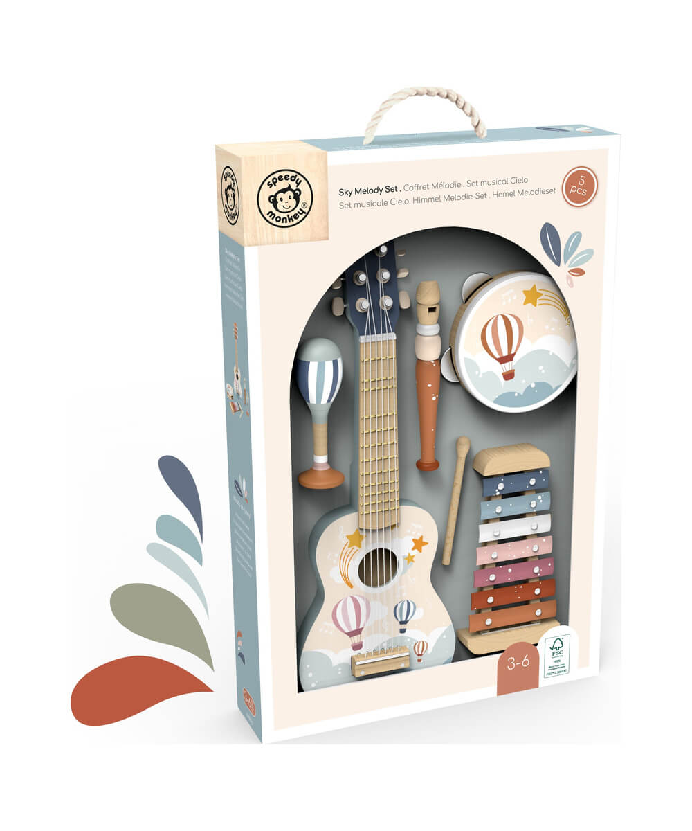 Grand coffret musical en bois de Speedy Monkey, présenté sous un autre angle, sur fond blanc