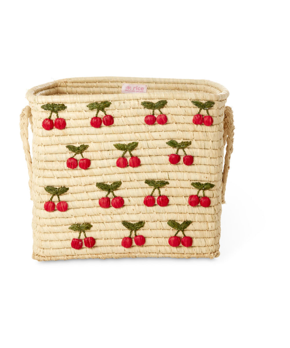 Grand panier carré en raphia Petites cerises de Rice sur fond blanc