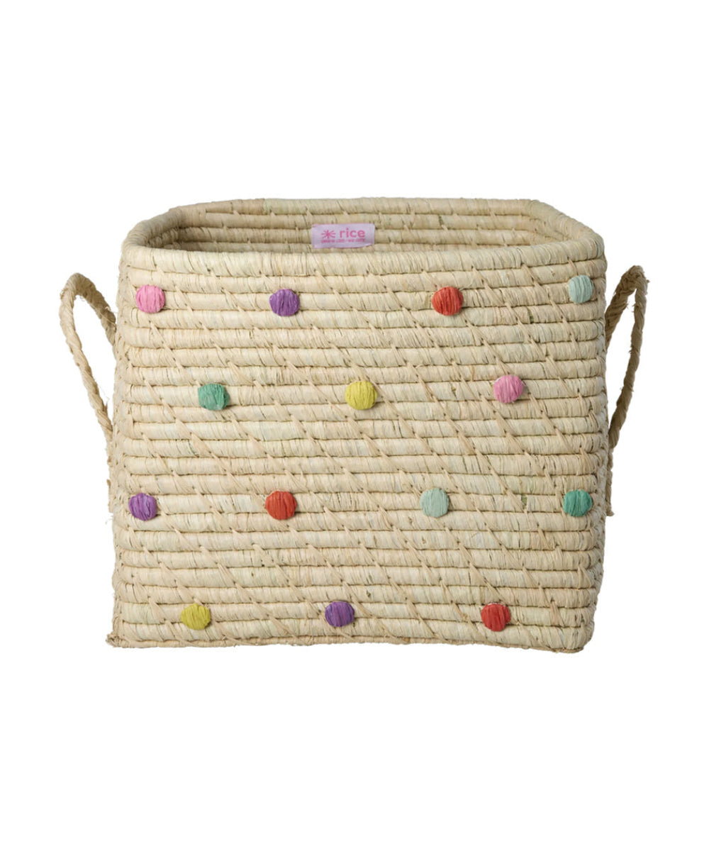 Grand panier carré en raphia Pois colorés de Rice sur fond blanc