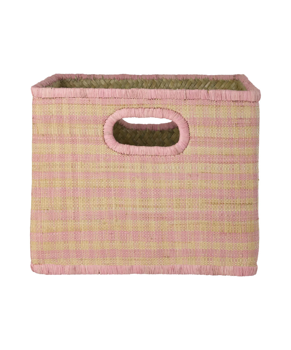 Grand panier carré en raphia Vichy rose de Rice sur fond blanc