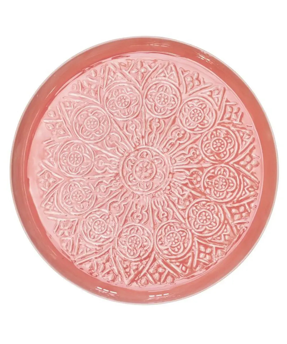 Grand plateau en métal émaillé rose de la marque danoise Rice