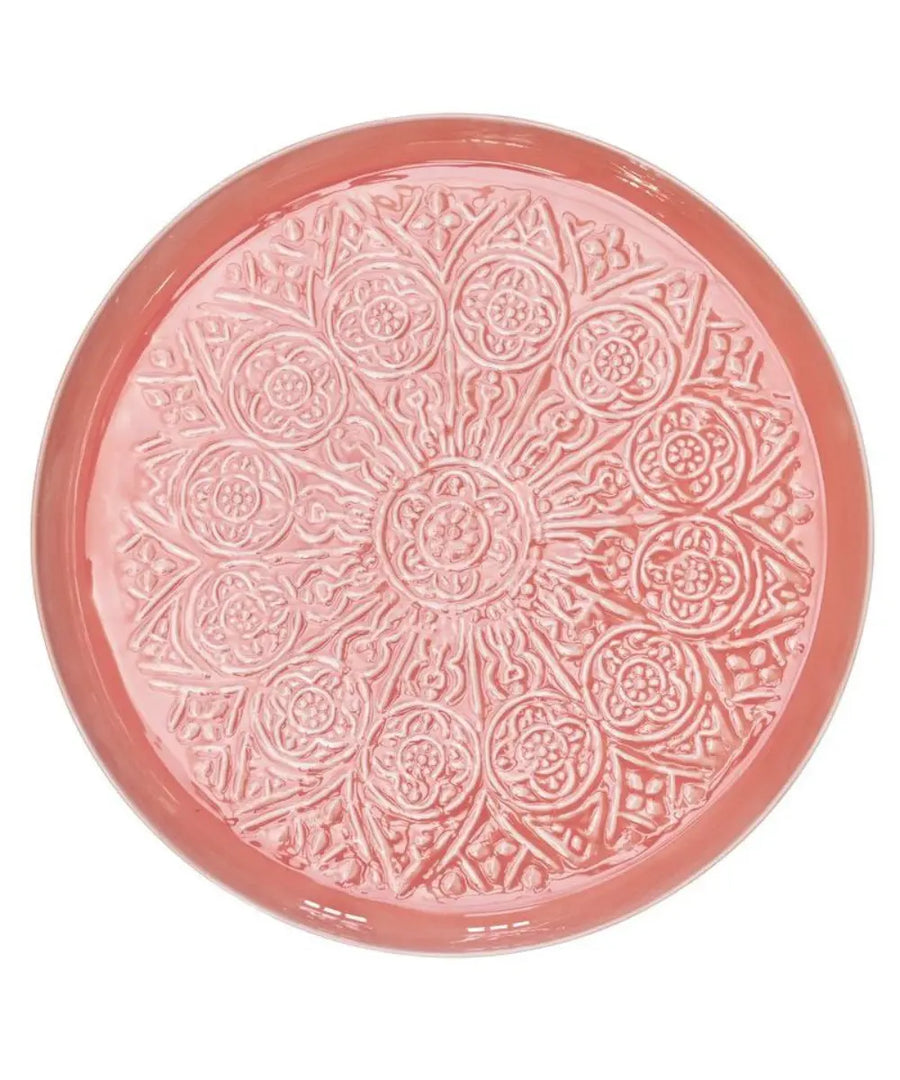 Grand plateau en métal émaillé rose de la marque danoise Rice
