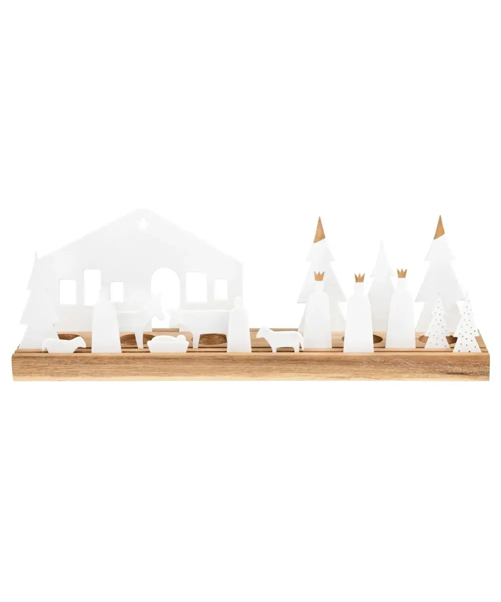 Creche de noel en porcelaine blanche et socle bois acacia avec photophores bougies chauffe plat de la marque räder