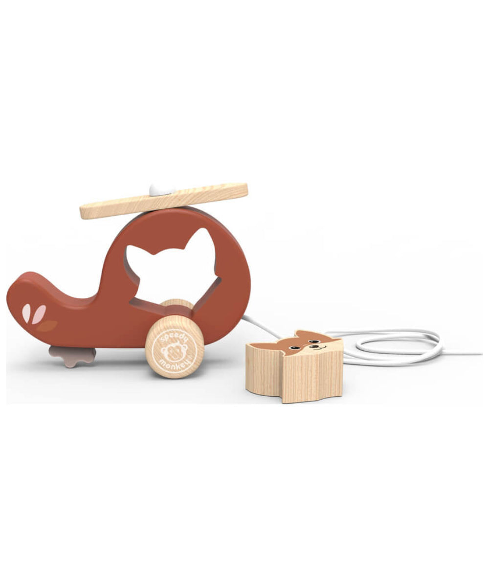 Hélicoptère à tirer en bois de Speedy Monkey, présenté sous un autre angle, sur fond blanc